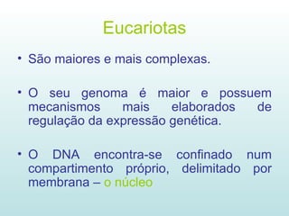 Eucariotas São maiores e mais complexas. O seu genoma é maior e possuem mecanismos mais elaborados de regulação da expressão genética. O DNA encontra-se confinado num compartimento próprio, delimitado por membrana –  o núcleo 