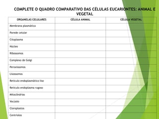 COMPLETE O QUADRO COMPARATIVO DAS CÉLULAS EUCARIONTES: ANIMAL E
VEGETAL
ORGANELAS CELULARES CÉLULA ANIMAL CÉLULA VEGETAL
Membrana plasmática
Parede celular
Citoplasma
Núcleo
Ribossomos
Complexo de Golgi
Peroxissomos
Lisossomos
Reticulo endoplasmático liso
Reticulo endoplasma rugoso
Mitocôndrias
Vacúolo
Cloroplastos
Centríolos
 