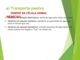 a) Transporte passivo
OSMOSE NA CÉLULA ANIMAL
(HEMÁCIAS)
 Hemácia em solução hipertônica: perda de água pela célula (murcha);
 Hemácia em solução isotônica: equilíbrio (a quantidade de água que
entra é mesma que sai);
 Hemácia em solução hipotônica: entrada excessiva de água dentro da
célula (célula fica túrgida e “lisa’’ ou rompe-se).
 