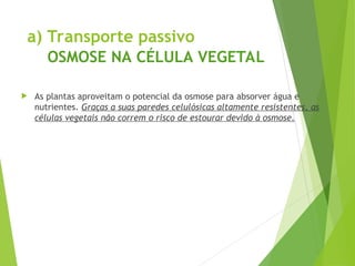 a) Transporte passivo
OSMOSE NA CÉLULA VEGETAL
 As plantas aproveitam o potencial da osmose para absorver água e
nutrientes. Graças a suas paredes celulósicas altamente resistentes, as
células vegetais não correm o risco de estourar devido à osmose.
 