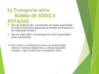 b) Transporte ativo
BOMBA DE SÓDIO E
POTÁSSIO
 Íons de potássio (K+
): encontrado em maior quantidade
no meio intracelular (participa da síntese de proteínas e
da respiração celular);
 Íons de sódio (Na+
): encontrado em maior quantidade
meio extracelular.
 Para manter as diferenças entre as concentrações
interna e externa desses íons, a célula despende
energia, o que caracteriza o transporte ativo.
 