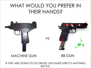 WHAT WOULD YOU PREFER IN THEIR HANDS? vs MACHINE GUN BB GUN IF THEY ARE GOING TO DO DRUGS, LETS MAKE SURE IT’S ANYTHING BUT ICE. 