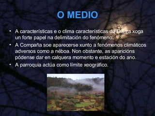 O MEDIO A características e o clima características da Galiza xoga un forte papel na delimitación do fenómeno. A Compaña soe aparecerse xunto a fenómenos climáticos adversos como a néboa. Non obstante, as aparicións pódense dar en calquera momento e estación do ano. A parroquia actúa como límite xeográfico. 