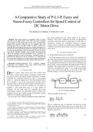 World Academy of Science, Engineering and Technology
International Journal of Electrical, Electronic Science and Engineering Vol:4 No:8, 2010

A Comparative Study of P-I, I-P, Fuzzy and
Neuro-Fuzzy Controllers for Speed Control of
DC Motor Drive
S.R. Khuntia, K.B. Mohanty, S. Panda and C. Ardil

International Science Index 44, 2010 waset.org/publications/9629

Abstract—This paper presents a comparative study of various
controllers for the speed control of DC motor. The most commonly
used controller for the speed control of dc motor is ProportionalIntegral (P-I) controller. However, the P-I controller has some
disadvantages such as: the high starting overshoot, sensitivity to
controller gains and sluggish response due to sudden disturbance. So,
the relatively new Integral-Proportional (I-P) controller is proposed to
overcome the disadvantages of the P-I controller. Further, two Fuzzy
logic based controllers namely; Fuzzy control and Neuro-fuzzy
control are proposed and the performance these controllers are
compared with both P-I and I-P controllers. Simulation results are
presented and analyzed for all the controllers. It is observed that
fuzzy logic based controllers give better responses than the traditional
P-I as well as I-P controller for the speed control of dc motor drives.

Keywords—Proportional-Integral (P-I) controller, IntegralProportional (I-P) controller, Fuzzy logic control, Neuro-fuzzy
control, Speed control, DC Motor drive.

D

I. INTRODUCTION

IRECT Current motor drives have been widely used
where accurate speed control is required. In spite of the
fact that ac motors are rugged, cheaper and lighter, dc motor
controlled by a thyristor converter is still a very popular
choice in particular applications. The Proportional-Integral
(P-I) controller is one of the conventional controllers and it
has been widely used for the speed control of dc motor drives.
The major features of the P-I controller are its ability to
maintain a zero steady-state error to a step change in
reference. At the same time P-I controller has some
disadvantages namely; the undesirable speed overshoot, the
sluggish response due to sudden change in load torque and the
sensitivity to controller gains KI and Kp.
In recent years, new artificial intelligence-based approaches

_____________________________________________
S. R. Khuntia is with the Electrical & Electronics Engineering Dept. at
National Institute of Science & Technology, Berhampur, Orissa (e-mail:
swastigunu@gmail.com).
K.B. Mohanty is working as an Assistant Professor in the Department of
Electrical Engineering, National Institute of Technology, Rurkela 769008,
India (e-mail: kbm@nitrkl.ac.in)
S. Panda is working as a Professor in the Department of Electrical and
Electronics Engineering, NIST, Berhampur, Orissa, India, Pin: 761008.
(e-mail: panda_sidhartha@rediffmail.com).
C. Ardil is with National Academy of Aviation, AZ1045, Baku,
Azerbaijan, Bina, 25th km, NAA (e-mail: cemalardil@gmail.com)

have been proposed for the speed control of dc motors.
Recently, fuzzy logic employing the logic of approximate
reasoning continues to grow in importance, as it provides an
inexpensive solution for controlling ill-known complex
systems. Fuzzy controller has already been applied to phase
controlled converter dc drive, linear servo drive, and induction
motor drive.
II. CONTROLLER STRUCTURES
A. Proportional Integral (P-I) Controller
The block diagram of the drive with the P-I controller has
one outer speed loop and one inner current loop, as shown in
Fig. 1. The speed error EN between the reference speed NR and
the actual speed N of the motor is fed to the P-I controller, and
the Kp and Ki are the proportional end integral gains of the P-I
controller. The output of the P-I controller E1 acts as a current
reference command to the motor, C1 is a simple proportional
gain in the current loop and KCH is the gain of the GTO
thyristor chopper , which is used as the power converter.
TL (s)
+
R (s)

E (s)

C(s)

+
Kp +

+

+

-

Fig. 1 P-I Controller Structure

The P-I controller has the form

E1 ( s ) K p s + K i
=
EN ( s )
s

(1)

This is a phase-lag type of controller with the pole at the
origin and makes the steady-state error in speed zero. The
transfer function between the output speed N and the reference
speed NR is given by

AK1 + AK p s
N (s)
=
N R ( s ) K1s 2 + K 2 s + K 3

13

(2)

 