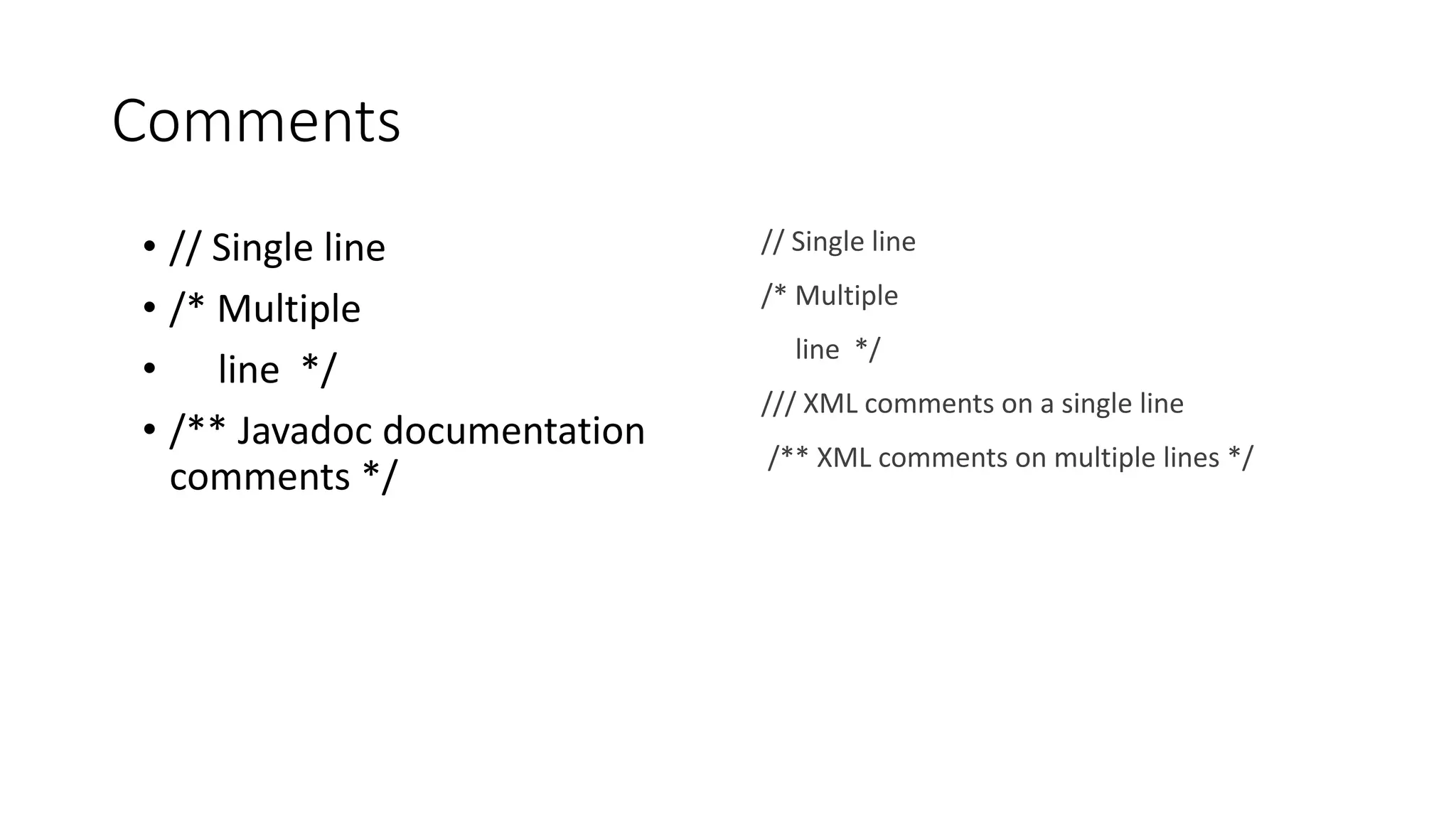 Comments
• // Single line
• /* Multiple
• line */
• /** Javadoc documentation
comments */
// Single line
/* Multiple
line */
/// XML comments on a single line
/** XML comments on multiple lines */
 