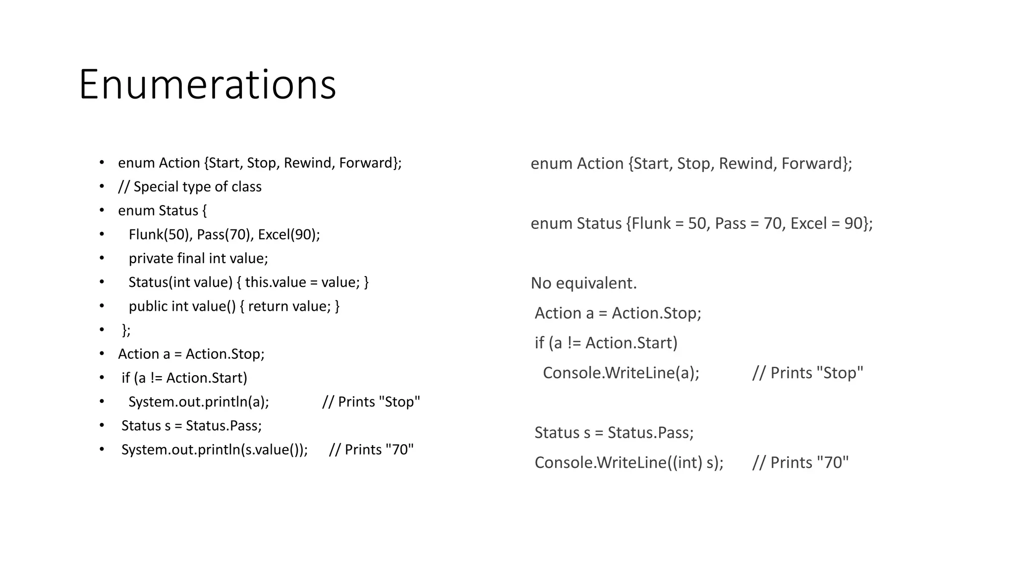 Enumerations
• enum Action {Start, Stop, Rewind, Forward};
• // Special type of class
• enum Status {
• Flunk(50), Pass(70), Excel(90);
• private final int value;
• Status(int value) { this.value = value; }
• public int value() { return value; }
• };
• Action a = Action.Stop;
• if (a != Action.Start)
• System.out.println(a); // Prints "Stop"
• Status s = Status.Pass;
• System.out.println(s.value()); // Prints "70"
enum Action {Start, Stop, Rewind, Forward};
enum Status {Flunk = 50, Pass = 70, Excel = 90};
No equivalent.
Action a = Action.Stop;
if (a != Action.Start)
Console.WriteLine(a); // Prints "Stop"
Status s = Status.Pass;
Console.WriteLine((int) s); // Prints "70"
 