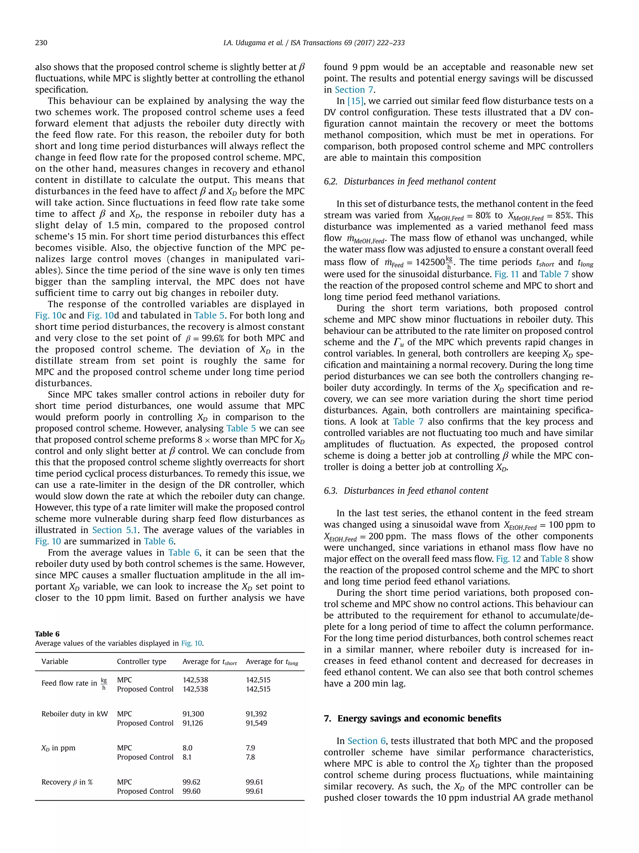 also shows that the proposed control scheme is slightly better at β
ﬂuctuations, while MPC is slightly better at controlling the ethanol
speciﬁcation.
This behaviour can be explained by analysing the way the
two schemes work. The proposed control scheme uses a feed
forward element that adjusts the reboiler duty directly with
the feed ﬂow rate. For this reason, the reboiler duty for both
short and long time period disturbances will always reﬂect the
change in feed ﬂow rate for the proposed control scheme. MPC,
on the other hand, measures changes in recovery and ethanol
content in distillate to calculate the output. This means that
disturbances in the feed have to affect β and XD before the MPC
will take action. Since ﬂuctuations in feed ﬂow rate take some
time to affect β and XD, the response in reboiler duty has a
slight delay of 1.5 min, compared to the proposed control
scheme's 15 min. For short time period disturbances this effect
becomes visible. Also, the objective function of the MPC pe-
nalizes large control moves (changes in manipulated vari-
ables). Since the time period of the sine wave is only ten times
bigger than the sampling interval, the MPC does not have
sufﬁcient time to carry out big changes in reboiler duty.
The response of the controlled variables are displayed in
Fig. 10c and Fig. 10d and tabulated in Table 5. For both long and
short time period disturbances, the recovery is almost constant
and very close to the set point of β = 99.6% for both MPC and
the proposed control scheme. The deviation of XD in the
distillate stream from set point is roughly the same for
MPC and the proposed control scheme under long time period
disturbances.
Since MPC takes smaller control actions in reboiler duty for
short time period disturbances, one would assume that MPC
would preform poorly in controlling XD in comparison to the
proposed control scheme. However, analysing Table 5 we can see
that proposed control scheme preforms 8 Â worse than MPC for XD
control and only slight better at β control. We can conclude from
this that the proposed control scheme slightly overreacts for short
time period cyclical process disturbances. To remedy this issue, we
can use a rate-limiter in the design of the DR controller, which
would slow down the rate at which the reboiler duty can change.
However, this type of a rate limiter will make the proposed control
scheme more vulnerable during sharp feed ﬂow disturbances as
illustrated in Section 5.1. The average values of the variables in
Fig. 10 are summarized in Table 6.
From the average values in Table 6, it can be seen that the
reboiler duty used by both control schemes is the same. However,
since MPC causes a smaller ﬂuctuation amplitude in the all im-
portant XD variable, we can look to increase the XD set point to
closer to the 10 ppm limit. Based on further analysis we have
found 9 ppm would be an acceptable and reasonable new set
point. The results and potential energy savings will be discussed
in Section 7.
In [15], we carried out similar feed ﬂow disturbance tests on a
DV control conﬁguration. These tests illustrated that a DV con-
ﬁguration cannot maintain the recovery or meet the bottoms
methanol composition, which must be met in operations. For
comparison, both proposed control scheme and MPC controllers
are able to maintain this composition
6.2. Disturbances in feed methanol content
In this set of disturbance tests, the methanol content in the feed
stream was varied from =X 80%MeOH Feed, to =X 85%MeOH Feed, . This
disturbance was implemented as a varied methanol feed mass
ﬂow ̇mMeOH Feed, . The mass ﬂow of ethanol was unchanged, while
the water mass ﬂow was adjusted to ensure a constant overall feed
mass ﬂow of ̇ =m 142500Feed
kg
h
. The time periods tshort and tlong
were used for the sinusoidal disturbance. Fig. 11 and Table 7 show
the reaction of the proposed control scheme and MPC to short and
long time period feed methanol variations.
During the short term variations, both proposed control
scheme and MPC show minor ﬂuctuations in reboiler duty. This
behaviour can be attributed to the rate limiter on proposed control
scheme and the Γu of the MPC which prevents rapid changes in
control variables. In general, both controllers are keeping XD spe-
ciﬁcation and maintaining a normal recovery. During the long time
period disturbances we can see both the controllers changing re-
boiler duty accordingly. In terms of the XD speciﬁcation and re-
covery, we can see more variation during the short time period
disturbances. Again, both controllers are maintaining speciﬁca-
tions. A look at Table 7 also conﬁrms that the key process and
controlled variables are not ﬂuctuating too much and have similar
amplitudes of ﬂuctuation. As expected, the proposed control
scheme is doing a better job at controlling β while the MPC con-
troller is doing a better job at controlling XD.
6.3. Disturbances in feed ethanol content
In the last test series, the ethanol content in the feed stream
was changed using a sinusoidal wave from =X 100 ppmEtOH Feed, to
=X 200 ppmEtOH Feed, . The mass ﬂows of the other components
were unchanged, since variations in ethanol mass ﬂow have no
major effect on the overall feed mass ﬂow. Fig. 12 and Table 8 show
the reaction of the proposed control scheme and the MPC to short
and long time period feed ethanol variations.
During the short time period variations, both proposed con-
trol scheme and MPC show no control actions. This behaviour can
be attributed to the requirement for ethanol to accumulate/de-
plete for a long period of time to affect the column performance.
For the long time period disturbances, both control schemes react
in a similar manner, where reboiler duty is increased for in-
creases in feed ethanol content and decreased for decreases in
feed ethanol content. We can also see that both control schemes
have a 200 min lag.
7. Energy savings and economic beneﬁts
In Section 6, tests illustrated that both MPC and the proposed
controller scheme have similar performance characteristics,
where MPC is able to control the XD tighter than the proposed
control scheme during process ﬂuctuations, while maintaining
similar recovery. As such, the XD of the MPC controller can be
pushed closer towards the 10 ppm industrial AA grade methanol
Table 6
Average values of the variables displayed in Fig. 10.
Variable Controller type Average for tshort Average for tlong
Feed ﬂow rate in
kg
h
MPC 142,538 142,515
Proposed Control 142,538 142,515
Reboiler duty in kW MPC 91,300 91,392
Proposed Control 91,126 91,549
XD in ppm MPC 8.0 7.9
Proposed Control 8.1 7.8
Recovery β in % MPC 99.62 99.61
Proposed Control 99.60 99.61
I.A. Udugama et al. / ISA Transactions 69 (2017) 222–233230
 