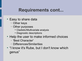 Requirements cont... Easy to share data Other keys Other purposes Cladistic/Multivariate analysis Diagnostic descriptions Help the user to make informed choices 'Best Character' Differences/Similarities “I know it's Rube, but I don't know which genus” 