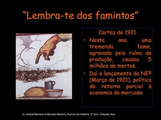 “ Lembra-te dos famintos” Cartaz de 1921 Neste ano, uma tremenda fome, agravada pela ruína da produção, causou 5 milhões de mortos. Daí o lançamento da NEP (Março de 1921), política de retorno parcial à economia de mercado In, Aníbal Barreira e Mendes Moreira, Rumos da História, 9º ano - Edições Asa 
