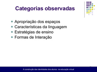 Categorias  observadas Apropriação dos espaços  Características da linguagem Estratégias de ensino Formas de Interação A construção das identidades dos alunos  na educação virtual 