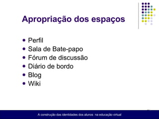 Apropriação dos espaços Perfil Sala de Bate-papo Fórum de discussão Diário de bordo Blog Wiki A construção das identidades dos alunos  na educação virtual 