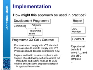 Implementation How might this approach be used in practice? Contextual Model Programme XX Call / Contract Committees Advisers Programme Team Proposals must comply with XYZ standard Proposals should seek to comply with XYZ Proposals should describe approach to XYZ Projects audited to ensure compliance with … Projects should develop self-assessment QA procedures and submit findings  to JISC Projects should submit proposed approach for approval/information Development Programme JISC Manager Report Contract Report must be in MS Word / … and use JISC template … 