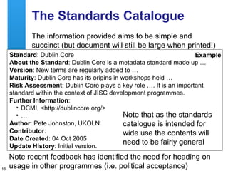 The Standards Catalogue The information provided aims to be simple and succinct (but document will still be large when printed!) Note recent feedback has identified the need for heading on usage in other programmes (i.e. political acceptance) Standard : Dublin Core  About the Standard : Dublin Core is a metadata standard made up … Version : New terms are regularly added to …  Maturity : Dublin Core has its origins in workshops held … Risk Assessment : Dublin Core plays a key role …. It is an important standard within the context of JISC development programmes.  Further Information :  DCMI, <http://dublincore.org/>  … Author : Pete Johnston, UKOLN  Contributor :  Date Created : 04 Oct 2005  Update History : Initial version.  Example Note that as the standards catalogue is intended for wide use the contents will need to be fairly general 