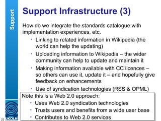 Support Infrastructure (3) How do we integrate the standards catalogue with implementation experiences, etc. Linking to related information in Wikipedia (the world can help the updating) Uploading information to Wikipedia – the wider community can help to update and maintain it Making information available with CC licences – so others can use it, update it – and hopefully give feedback on enhancements Use of syndication technologies (RSS & OPML) Support Note this is a Web 2.0 approach: Uses Web 2.0 syndication technologies Trusts users and benefits from a wide user base Contributes to Web 2.0 services 