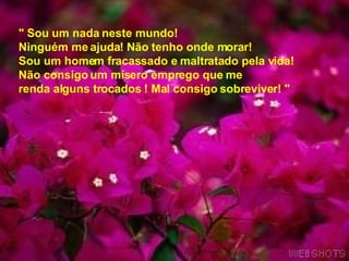 " Sou um nada neste mundo!  Ninguém me ajuda! Não tenho onde morar!  Sou um homem fracassado e maltratado pela vida!  Não consigo um mísero emprego que me  renda alguns trocados ! Mal consigo sobreviver! "   