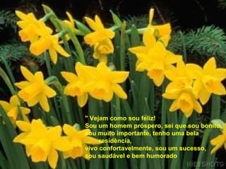 " Vejam como sou feliz!  Sou um homem próspero, sei que sou bonito,  sou muito importante, tenho uma bela  residência,  vivo confortavelmente, sou um sucesso,  sou saudável e bem humorado  