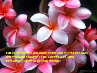 Em certa esquina por onde passavam muitas pessoas,  um mendigo sentava-se na calçada e ao lado  colocava uma placa com os dizeres:   