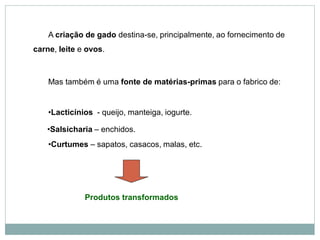 A criação de gado destina-se, principalmente, ao fornecimento de
carne, leite e ovos.
Produtos transformados
•Curtumes – sapatos, casacos, malas, etc.
•Salsicharia – enchidos.
•Lacticínios - queijo, manteiga, iogurte.
Mas também é uma fonte de matérias-primas para o fabrico de:
 