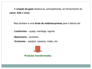 A  criação de gado  destina-se, principalmente, ao fornecimento   de  carne ,  leite  e  ovos .   Produtos transformados Curtumes  – sapatos, casacos, malas, etc. Salsicharia  –   enchidos. Lacticínios   - queijo, manteiga, iogurte. Mas também é uma  fonte de matérias-primas  para o fabrico de: 