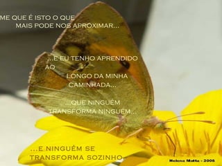Parece-me que é isto o que  mais pode nos aproximar... ...e eu tenho aprendido ao  longo da minha caminhada...   ...que ninguém transforma ninguém... ...e ninguém se  transforma sozinho. 