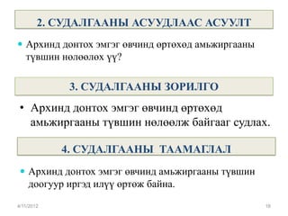 2. СУДАЛГААНЫ АСУУДЛААС АСУУЛТ
   Архинд донтох эмгэг өвчинд өртөхөд амьжиргааны
   түвшин нөлөөлөх үү?

             3. СУДАЛГААНЫ ЗОРИЛГО
 • Архинд донтох эмгэг өвчинд өртөхөд
   амьжиргааны түвшин нөлөөлж байгааг судлах.

            4. СУДАЛГААНЫ ТААМАГЛАЛ
    Архинд донтох эмгэг өвчинд амьжиргааны түвшин
    доогуур иргэд илүү өртөж байна.
4/11/2012                                           16
 