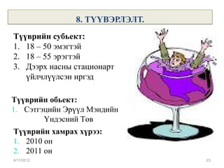 8. ТҮҮВЭРЛЭЛТ.
Түүврийн субьект:
1. 18 – 50 эмэгтэй
2. 18 – 55 эрэгтэй
3. Дээрх насны стационарт
   үйлчлүүлсэн иргэд

Түүврийн обьект:
1. Сэтгэцийн Эрүүл Мэндийн
        Үндэсний Төв
Түүврийн хамрах хүрээ:
1. 2010 он
2. 2011 он
4/11/2012                       23
 