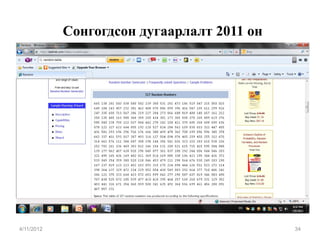 Сонгогдсон дугаарлалт 2011 он




4/11/2012                                   34
 