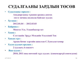 СУДАЛГААНЫ ЗАРДЛЫН ТӨСӨВ
•   Судалгааны зорилго :
        Амьжиргааны түвшин архинд донтох
         эмгэг өвчинд нөлөөлж байгааг судлах
•   Хугацаа :
        2012.01.04 - 2012.03.03
•   Байршил :
        Монгол Улс, Улаанбаатар хот
•   Хаана :
        Сэтгэцийн Эрүүл Мэндийн Үндэсний Төв
•   Хандах хүн :
        Архив бичиг хэргийн ажилтан С.Тунгалагтамир
•   Хэдэн судлаач оролцох :
        2 судлаач, 6 сонсогч
•   Яаж судлах :
        2010, 2011 оны өвчтний түүх судлах (санамсаргүй сонгогдсон)
4/11/2012                                                        36
 