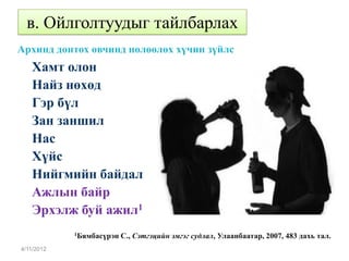 в. Ойлголтуудыг тайлбарлах
Архинд донтох өвчинд нөлөөлөх хүчин зүйлс
   Хамт олон
   Найз нөхөд
   Гэр бүл
   Зан заншил
   Нас
   Хүйс
   Нийгмийн байдал
   Ажлын байр
   Эрхэлж буй ажил1
            1Бямбасүрэн   С., Сэтгэцийн эмгэг судлал, Улаанбаатар, 2007, 483 дахь тал.
4/11/2012
 