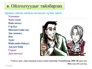 в. Ойлголтуудыг тайлбарлах
Архинд донтох өвчинд нөлөөлөх хүчин зүйлс
   Удамшил
   Хамт олон
   Найз нөхөд
   Гэр бүл
   Шилжилтийн нас
   Зан заншил
   Нас
   Хүйс
   Нийгмийн байдал
   Ажлын байр
   Стресс
   Дам өвчлөл1

      1   Сэтгэл зүйн оюун санааны эмчилгээний хөтөлбөр, Улаанбаатар, 2009, 98 дахь тал.
                                                                 Мөн тэнд 111 дэх тал.
4/11/2012
 