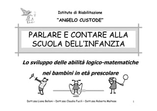 PARLARE E CONTARE ALLAPARLARE E CONTARE ALLA
SCUOLA DELL’INFANZIASCUOLA DELL’INFANZIA
Istituto di Riabilitazione
“ANGELO CUSTODE”
Lo sviluppo delle abilità logico-matematiche
nei bambini in età prescolare
111Dott.ssa Liana Belloni – Dott.ssa Claudia Fucili – Dott.ssa Roberta Maltese
 