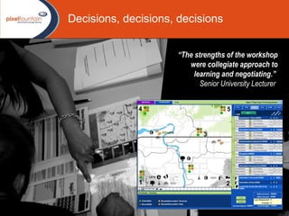 “ The strengths of the workshop were collegiate approach to learning and negotiating.”  Senior University Lecturer   Decisions, decisions, decisions 