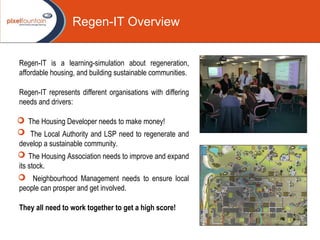 Regen-IT Overview Regen-IT is a learning-simulation about regeneration, affordable housing, and building sustainable communities. Regen-IT represents different organisations with differing needs and drivers: The Housing Developer needs to make money!  The Local Authority and LSP need to regenerate and develop a sustainable community.  The Housing Association needs to improve and expand its stock.  Neighbourhood Management needs to ensure local people can prosper and get involved. They all need to work together to get a high score!   