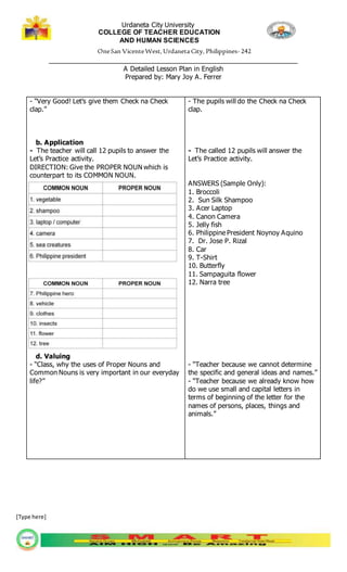 Urdaneta City University
COLLEGE OF TEACHER EDUCATION
AND HUMAN SCIENCES
OneSan VicenteWest,Urdaneta City, Philippines- 242
_________________________________________________________________
A Detailed Lesson Plan in English
Prepared by: Mary Joy A. Ferrer
[Type here]
- “Very Good! Let’s give them Check na Check
clap.”
b. Application
- The teacher will call 12 pupils to answer the
Let’s Practice activity.
DIRECTION: Give the PROPER NOUN which is
counterpart to its COMMON NOUN.
d. Valuing
- “Class, why the uses of Proper Nouns and
Common Nouns is very important in our everyday
life?”
- The pupils will do the Check na Check
clap.
- The called 12 pupils will answer the
Let’s Practice activity.
ANSWERS (Sample Only):
1. Broccoli
2. Sun Silk Shampoo
3. Acer Laptop
4. Canon Camera
5. Jelly fish
6. Philippine President Noynoy Aquino
7. Dr. Jose P. Rizal
8. Car
9. T-Shirt
10. Butterfly
11. Sampaguita flower
12. Narra tree
- “Teacher because we cannot determine
the specific and general ideas and names.”
- “Teacher because we already know how
do we use small and capital letters in
terms of beginning of the letter for the
names of persons, places, things and
animals.”
 
