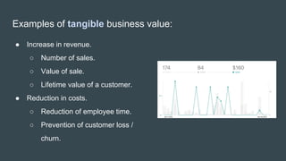 Examples of tangible business value:
● Increase in revenue.
○ Number of sales.
○ Value of sale.
○ Lifetime value of a customer.
● Reduction in costs.
○ Reduction of employee time.
○ Prevention of customer loss /
churn.
 