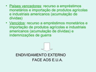 Países vencedores : recurso a empréstimos monetários e importação de produtos agrícolas e industriais americanos (acumulação de dívidas) Vencidos : recurso a empréstimos monetários e importação de produtos agrícolas e industriais americanos (acumulação de dívidas) e indemnizações de guerra  ENDIVIDAMENTO EXTERNO  FACE AOS E.U.A.  