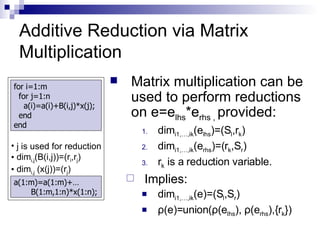 Additive Reduction via Matrix Multiplication Matrix multiplication can be used to perform reductions on e=e lhs *e rhs ,  provided: dim i1,…,ik (e lhs )=(S l ,r k ) dim i1,…,ik (e rhs )=(r k ,S r ) r k  is a reduction variable. Implies: dim i1,…,ik (e)=(S l ,S r )  ρ (e)=union( ρ (e lhs ),  ρ (e rhs ),{r k })  for i=1:m for j=1:n a(i)=a(i)+B(i,j)*x(j); end end j is used for reduction dim i,j (B(i,j))=(r i ,r j ) dim i,j  (x(j))=(r j ) a(1:m)=a(1:m)+… B(1:m,1:n)*x(1:n); 