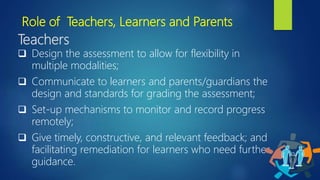 Role of Teachers, Learners and Parents
Teachers
 Design the assessment to allow for flexibility in
multiple modalities;
 Communicate to learners and parents/guardians the
design and standards for grading the assessment;
 Set-up mechanisms to monitor and record progress
remotely;
 Give timely, constructive, and relevant feedback; and
facilitating remediation for learners who need further
guidance.
 