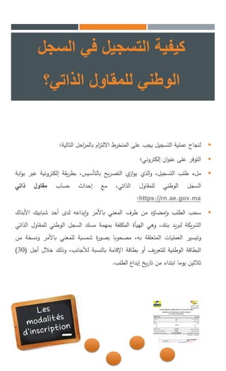 ‫السج‬ ‫في‬ ‫التسجيل‬ ‫كيفية‬‫ل‬
‫الذاتي؟‬ ‫للمقاول‬ ‫الوطني‬
‫لنجاح‬‫عملية‬‫التسجيل‬‫يجب‬‫على‬‫المنخرط‬‫ام‬‫ز‬‫االلت‬‫احل‬‫ر‬‫بالم‬‫التالية‬:
‫التوفر‬‫على‬‫ان‬‫و‬‫عن‬‫إلكتروني؛‬
‫ملء‬‫طلب‬،‫التسجيل‬‫الذي‬‫و‬‫ي‬‫از‬‫و‬‫ي‬‫يح‬‫ر‬‫التص‬،‫بالتأسيس‬‫يقة‬‫ر‬‫بط‬‫إلكترون‬‫ية‬‫عبر‬‫ابة‬‫و‬‫ب‬
‫السجل‬‫الوطني‬‫للمقاول‬،‫الذاتي‬‫مع‬‫إحداث‬‫حساب‬‫مقاول‬‫ذاتي‬
https://rn.ae.gov.ma‫؛‬
‫سحب‬‫الطلب‬‫إمضاؤه‬‫و‬‫من‬‫طرف‬‫المعني‬‫باألمر‬‫إيداعه‬‫و‬‫لدى‬‫أحد‬‫شبابيك‬‫األب‬‫ناك‬
‫يكة‬‫ر‬‫الش‬‫يد‬‫ر‬‫لب‬،‫بنك‬‫وهي‬‫الهيأة‬‫المكلفة‬‫بمهمة‬‫مسك‬‫السجل‬‫الوطني‬‫للمق‬‫اول‬‫الذاتي‬
‫وتيسير‬‫العمليات‬‫المتعلقة‬،‫به‬‫مصحوبا‬‫ة‬‫ر‬‫بصو‬‫شمسية‬‫للمعني‬‫باألمر‬‫و‬‫نسخة‬‫من‬
‫البطاقة‬‫الوطنية‬‫يف‬‫ر‬‫للتع‬‫أو‬‫بطاقة‬‫اإلقامة‬‫بالنسبة‬،‫لألجانب‬‫وذلك‬‫خالل‬‫أج‬‫ل‬(30)
‫ثالثين‬‫يوما‬‫ابتداء‬‫من‬‫يخ‬‫ر‬‫تا‬‫إيداع‬‫الطلب‬.
 