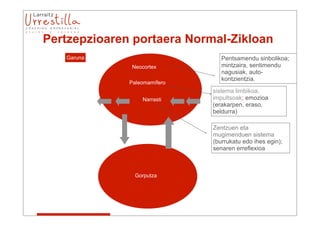 Pertzepzioaren portaera Normal-Zikloan
   Garuna                        Pentsamendu sinbolikoa;
              Neocortex          mintzaira, sentimendu
                                 nagusiak, auto-
                                 kontzientzia.
              Paleomamífero
                              sistema limbikoa,
                  Narrasti    impultsoak; emozioa
                              (erakarpen, eraso,
                              beldurra)

                              Zentzuen eta
                              mugimenduen sistema
                              (burrukatu edo ihes egin);
                              senaren erreflexioa



                Gorputza
 