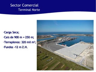 Sector Comercial Terminal Norte Carga Seca; Cais de 900 m + 250 m;  Terraplenos: 320 mil m 2 ; Fundos -12 m Z.H. 