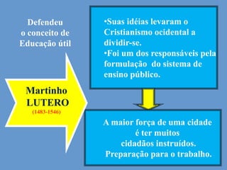 Reforma e EducaçãoPara LuteroO Estado tem o dever de obrigar seus súditos a enviarem seus filhos à escola