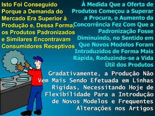 À Medida Que a Oferta de
Isto Foi Conseguido
Produtos Começou a Superar
Porque a Demanda do
a Procura, o Aumento da
Mercado Era Superior à
Concorrência Fez Com Que a
Produção e, Dessa Forma,
Padronização Fosse
os Produtos Padronizados
e Similares Encontravam Diminuindo, no Sentido em
Consumidores Receptivos Que Novos Modelos Foram
Introduzidos de Forma Mais
Rápida, Reduzindo-se a Vida
Útil dos Produtos

Gradativamente, a Produção Não
Vem Mais Sendo Efetuada em Linhas
Rígidas, Necessitando Hoje de
Flexibilidade Para a Introdução
de Novos Modelos e Frequentes
Alterações nos Artigos

 