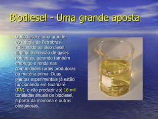 Biodiesel - Uma grande aposta O Biodiesel é uma grande estratégia da Petrobras. Adicionado ao óleo diesel, diminui a emissão de gases poluentes, gerando também emprego e renda nas comunidades rurais produtoras da matéria prima. Duas plantas experimentais já estão funcionando em Guamaré ( RN ), e vão produzir até  16 mil  toneladas anuais de biodiesel, a partir da mamona e outras oleaginosas.  