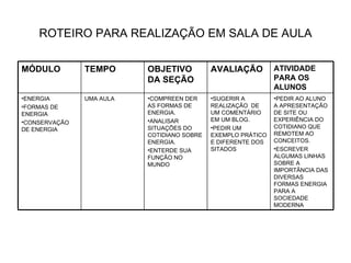 ROTEIRO PARA REALIZAÇÃO EM SALA DE AULA PEDIR AO ALUNO A APRESENTAÇÃO DE SITE OU EXPERIÊNCIA DO COTIDIANO QUE REMOTEM AO CONCEITOS. ESCREVER ALGUMAS LINHAS SOBRE A IMPORTÂNCIA DAS DIVERSAS FORMAS ENERGIA PARA A SOCIEDADE MODERNA SUGERIR A REALIZAÇÃO  DE UM COMENTÁRIO EM UM BLOG. PEDIR UM EXEMPLO PRÁTICO E DIFERENTE DOS SITADOS COMPREEN DER AS FORMAS DE ENERGIA. ANALISAR SITUAÇÕES DO COTIDIANO SOBRE ENERGIA. ENTERDE SUA FUNÇÃO NO MUNDO UMA AULA ENERGIA  FORMAS DE ENERGIA CONSERVAÇÃO DE ENERGIA ATIVIDADE PARA OS ALUNOS AVALIAÇÃO OBJETIVO DA SEÇÃO TEMPO MÓDULO  