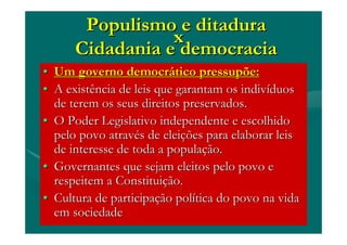 Populismo e ditaduraPopulismo e ditadura
xx
Cidadania e democraciaCidadania e democracia
•• Um governo democrUm governo democráático pressupõe:tico pressupõe:
•• A existência de leis que garantam os indivA existência de leis que garantam os indivííduosduos
de terem os seus direitos preservados.de terem os seus direitos preservados.
•• O Poder Legislativo independente e escolhidoO Poder Legislativo independente e escolhido
pelo povo atravpelo povo atravéés de eleis de eleiçções para elaborar leisões para elaborar leis
de interesse de toda a populade interesse de toda a populaçção.ão.
•• Governantes que sejam eleitos pelo povo eGovernantes que sejam eleitos pelo povo e
respeitem a Constituirespeitem a Constituiçção.ão.
•• Cultura de participaCultura de participaçção polão políítica do povo na vidatica do povo na vida
em sociedadeem sociedade
 