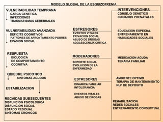 MODELO GLOBAL DE LA ESQUIZOFRENIA
VULNERABILIDAD TEMPRANA                                        INTERVENCIONES
   CARGA GENETICA                                              CONSEJO GENETICO
   INFECCIONES                                                 CUIDADOS PRENATALES
   TRAUMATISMOS CEREBRALES


VULNERABILIDAD AVANZADA               ESTRESORES               EDUCACION ESPECIAL
                                      EVENTOS VITALES
  DEFICITS COGNITIVOS                                          ENTRENAMIENTO EN
                                      PRIVACION SOCIAL
   PATRONES DE AFRONTAMIENTO POBRES                            HABILIDADES SOCIALES
                                      ABUSO DE DROGAS
  EVASION SOCIAL
                                      ADOLESCENCIA CRITICA



 RESPUESTA
   BIOLOGICA                          MODERADORES              MEDICACION AGUDA
   DE COMPORTAMIENTO                  SOPORTE SOCIAL           TERAPIA FAMILIAR
   COGNITIVA                          EVOLUCION DE LA
                                      ENFERMEDAD

 QUIEBRE PSICOTICO
      SINTOMAS AGUDOS                                         AMBIENTE OPTIMO
                                       ESTRESORES
                                                              TERAPIA DE MANTENIMIENTO
                                       DINAMICA FAMILIAR      NLP DE DEPOSITO
ESTABILIZACION                         INTOLERANCIA

                                       EVENTOS VITALES
                                       ABUSO DE DROGAS
RECAIDAS SUBSECUENTES
DISFUNCION PSICOLOGICA                                       REHABILITACION
DISFUNCION SOCIAL                                            REDES SOCIALES
ESTADO RESIDUAL                                              ENTRENAMIENTO CONDUCTUAL
SINTOMAS CRONICOS
 