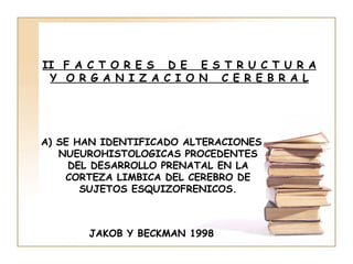 II F A C T O R E S D E E S T R U C T U R A
 Y O R G A N I Z A C I O N C E R E B R A L




A) SE HAN IDENTIFICADO ALTERACIONES
   NUEUROHISTOLOGICAS PROCEDENTES
     DEL DESARROLLO PRENATAL EN LA
    CORTEZA LIMBICA DEL CEREBRO DE
       SUJETOS ESQUIZOFRENICOS.



       JAKOB Y BECKMAN 1998
 