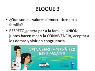 BLOQUE 3
• ¿Que son los valores democraticos en a
familia?
• RESPETO,genera paz a la familia, UNION,
juntos hacen mas y la CONVIVENCIA, aceptar a
los demas y vivir en congruencia.
 