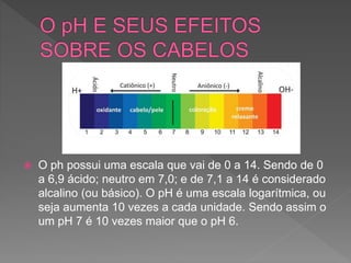  O ph possui uma escala que vai de 0 a 14. Sendo de 0
a 6,9 ácido; neutro em 7,0; e de 7,1 a 14 é considerado
alcalino (ou básico). O pH é uma escala logarítmica, ou
seja aumenta 10 vezes a cada unidade. Sendo assim o
um pH 7 é 10 vezes maior que o pH 6.
 